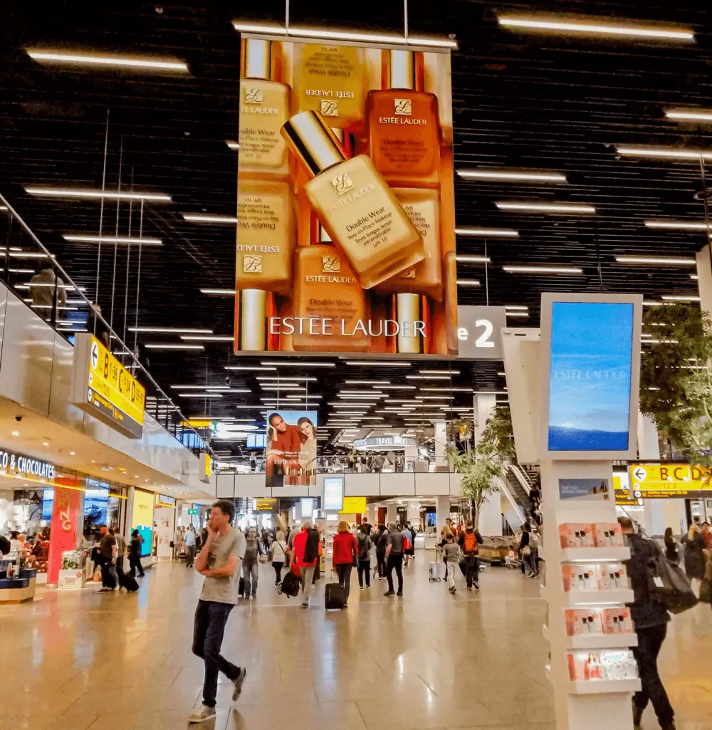 Example of overhead banner packages in an airport terminal